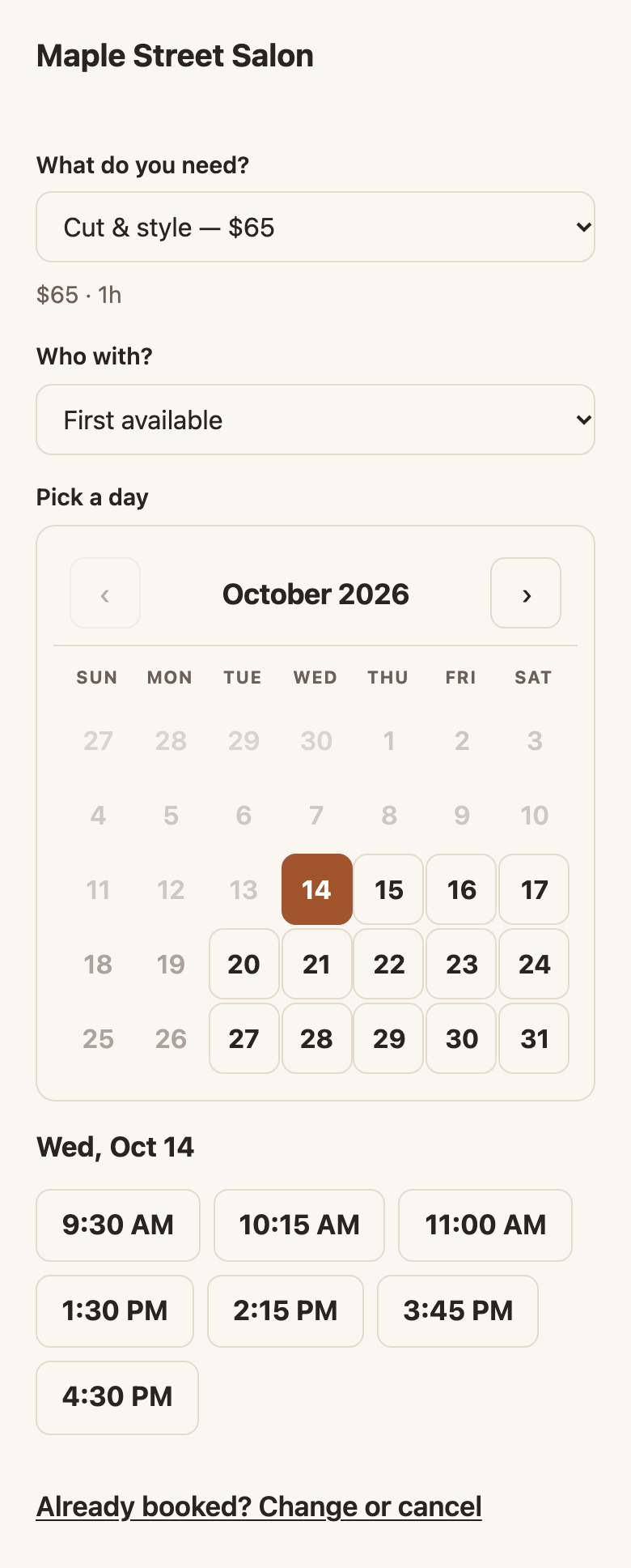 Online booking page on a phone showing a service, a stylist choice, a calendar and available times
