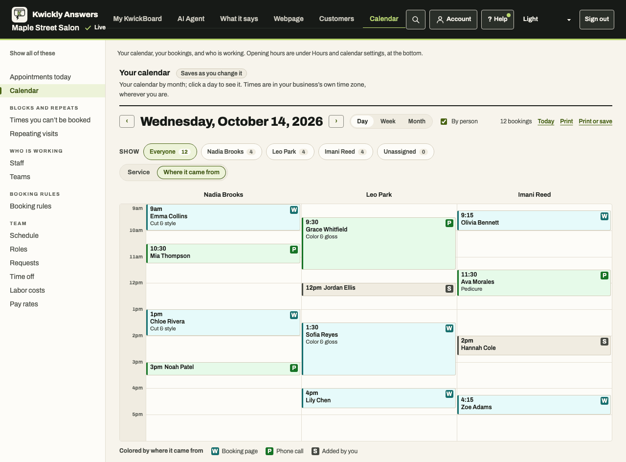 Booking calendar for one day with three stylists' bookings, each tagged as booked online, by phone or added by the owner