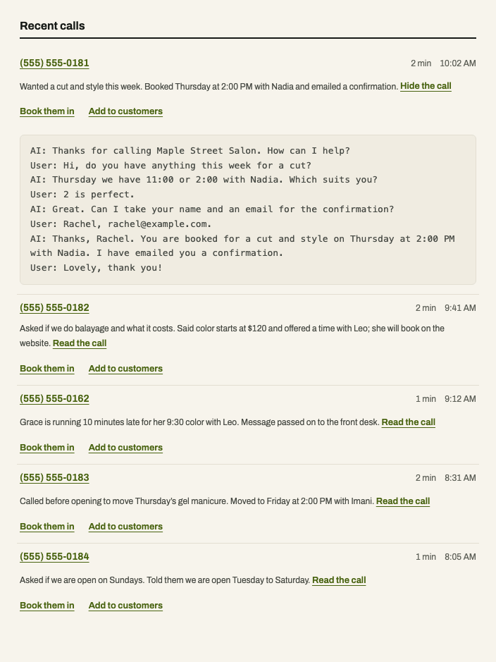 This morning's calls answered by the AI receptionist, each with a short summary, and one call opened where the caller is booked in and emailed a confirmation