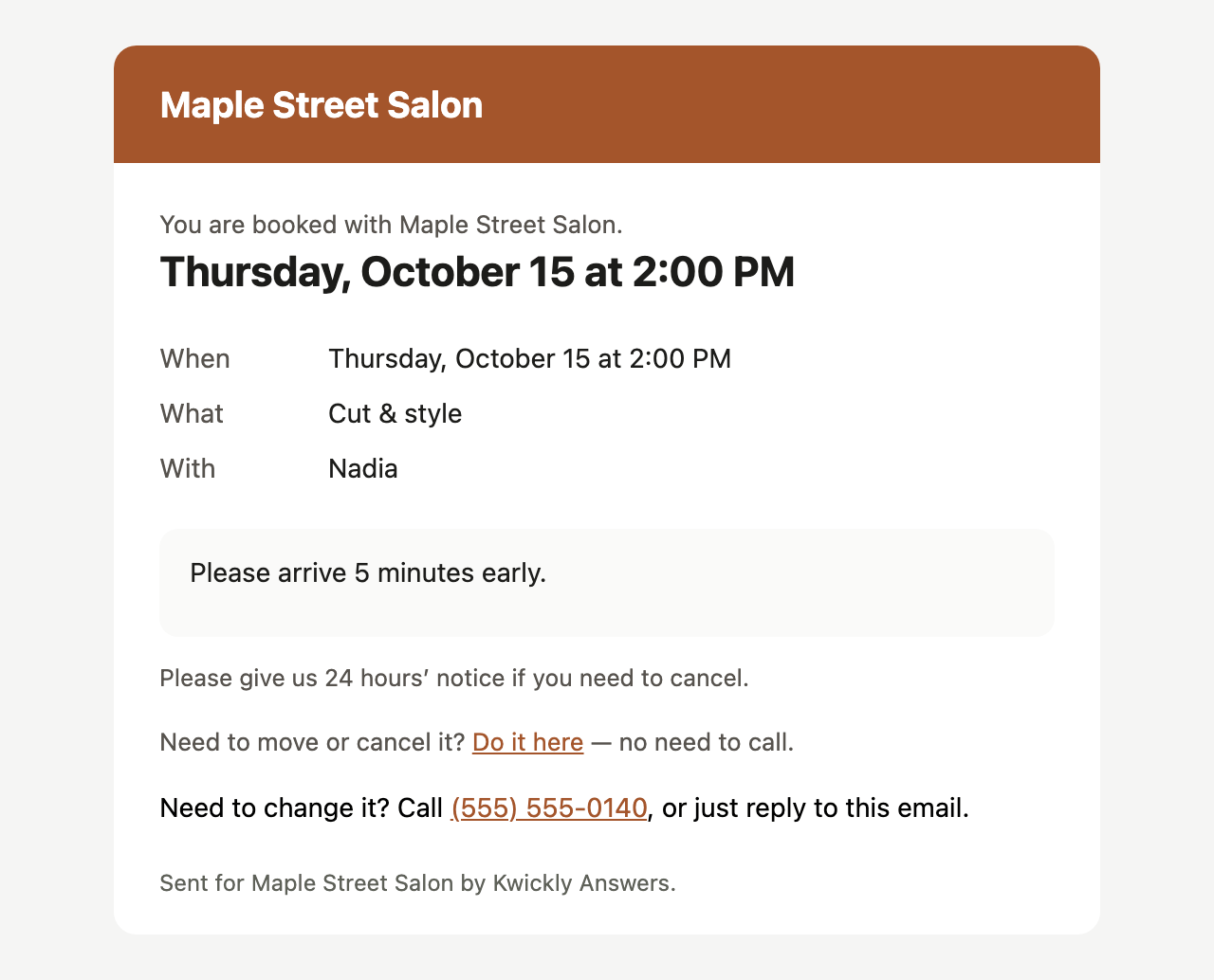 Booking confirmation email from Maple Street Salon showing the day, time, service and stylist, with a link to move or cancel