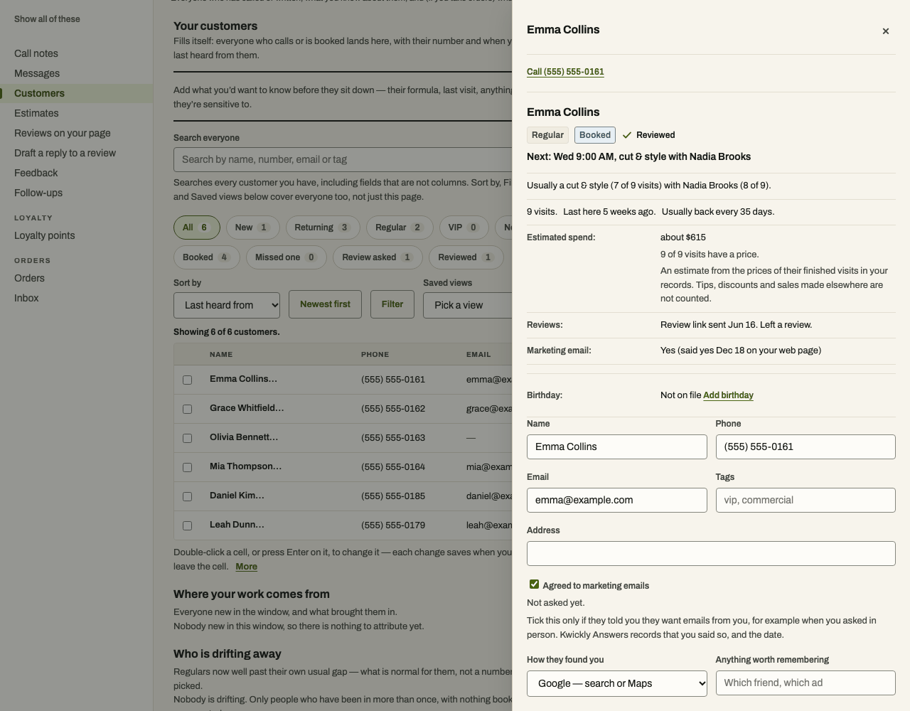 A customer record showing her next booking, usual service and stylist, visit history and estimated spend