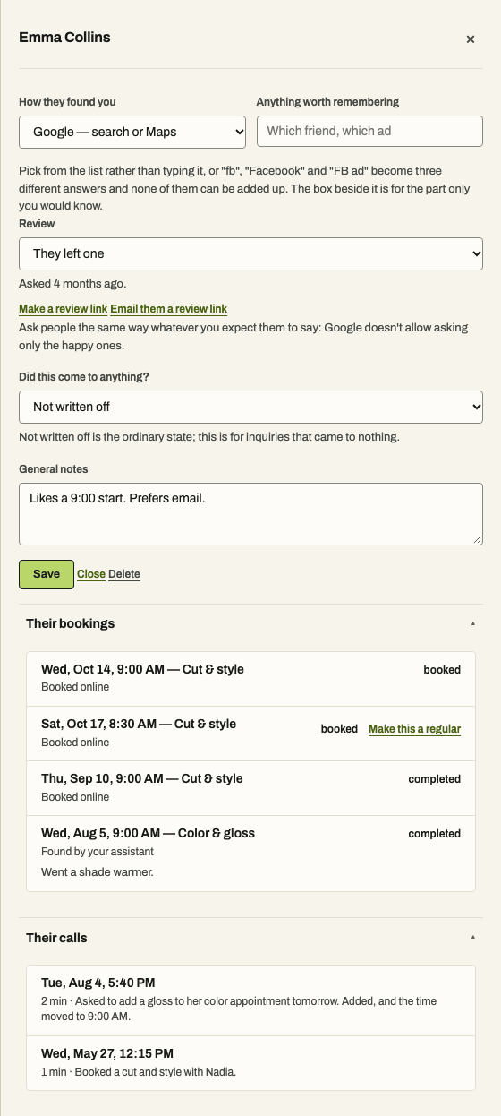 A customer's past and upcoming bookings and her call summaries