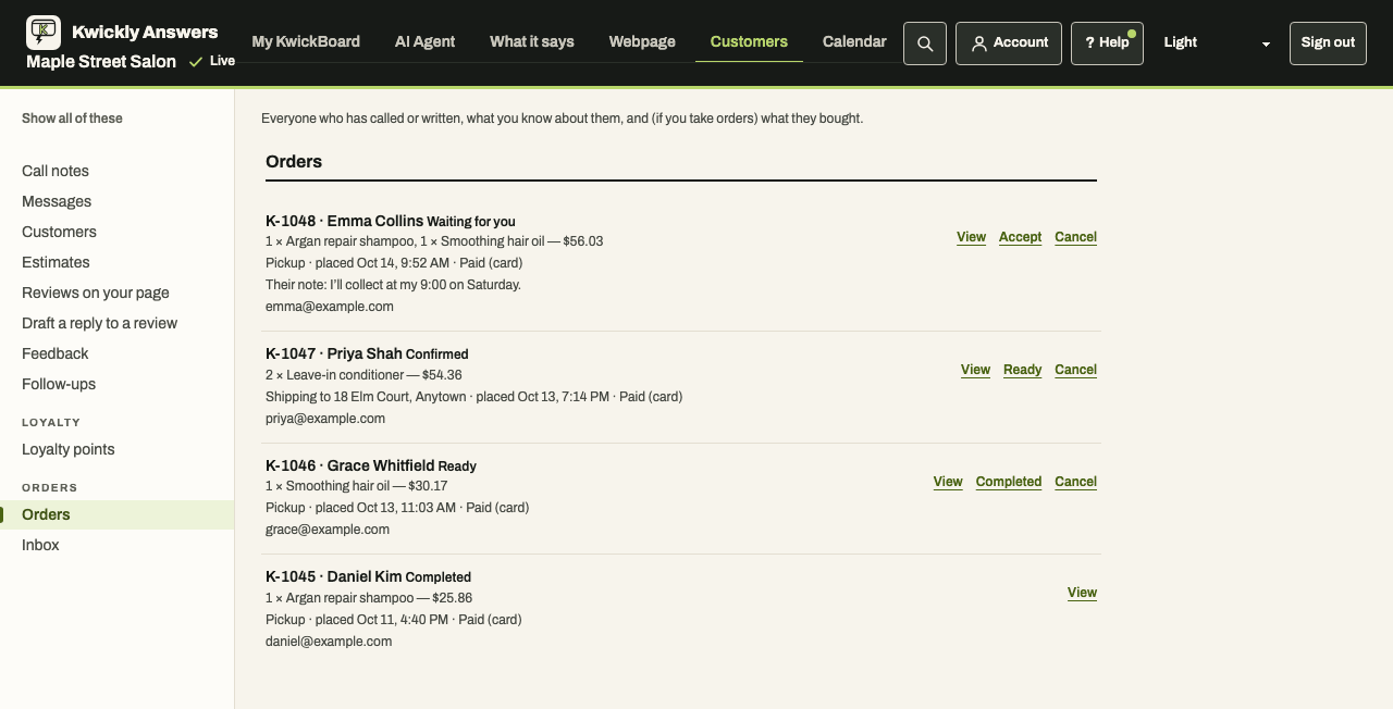 Orders list showing four shop orders with items, totals, pickup or shipping, and status