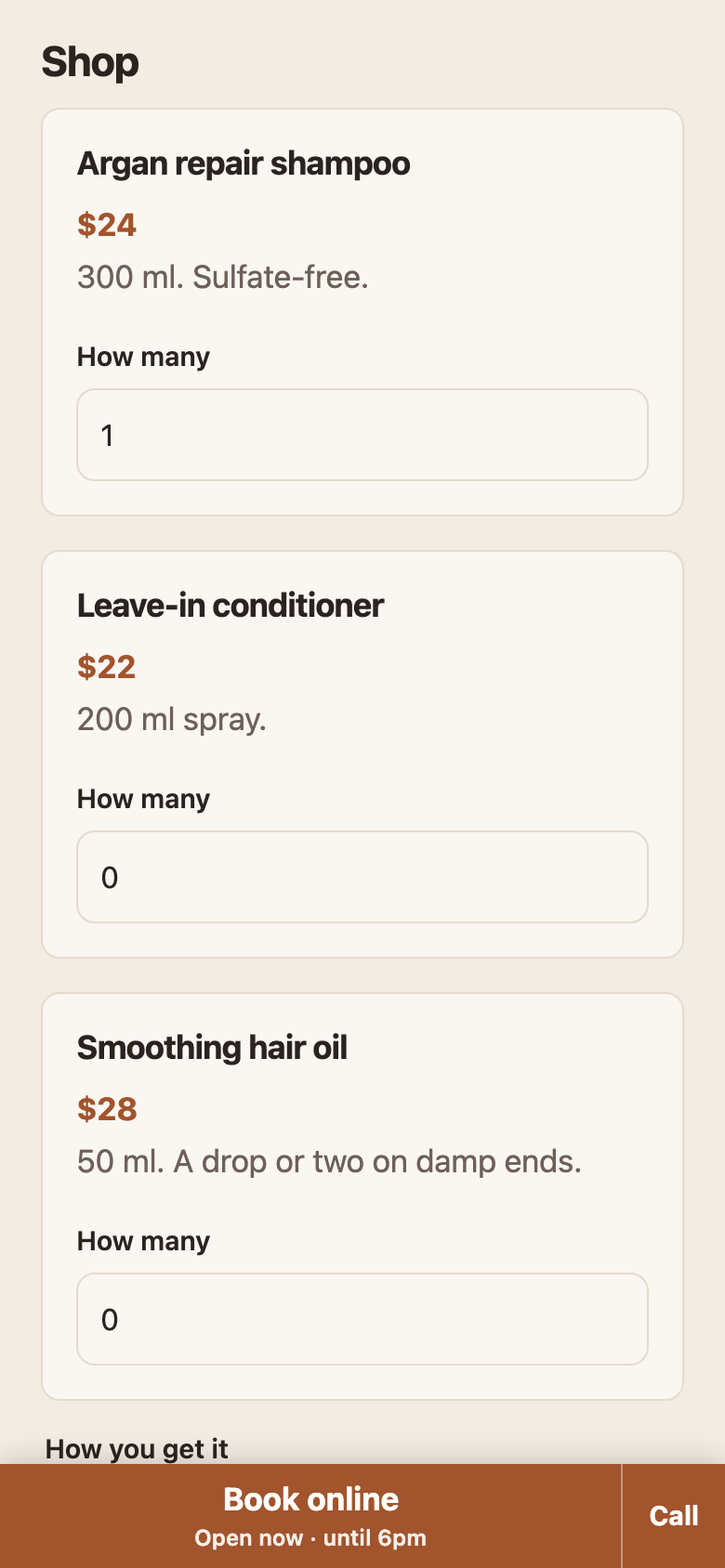 A web shop on a phone selling three hair products with prices and quantities