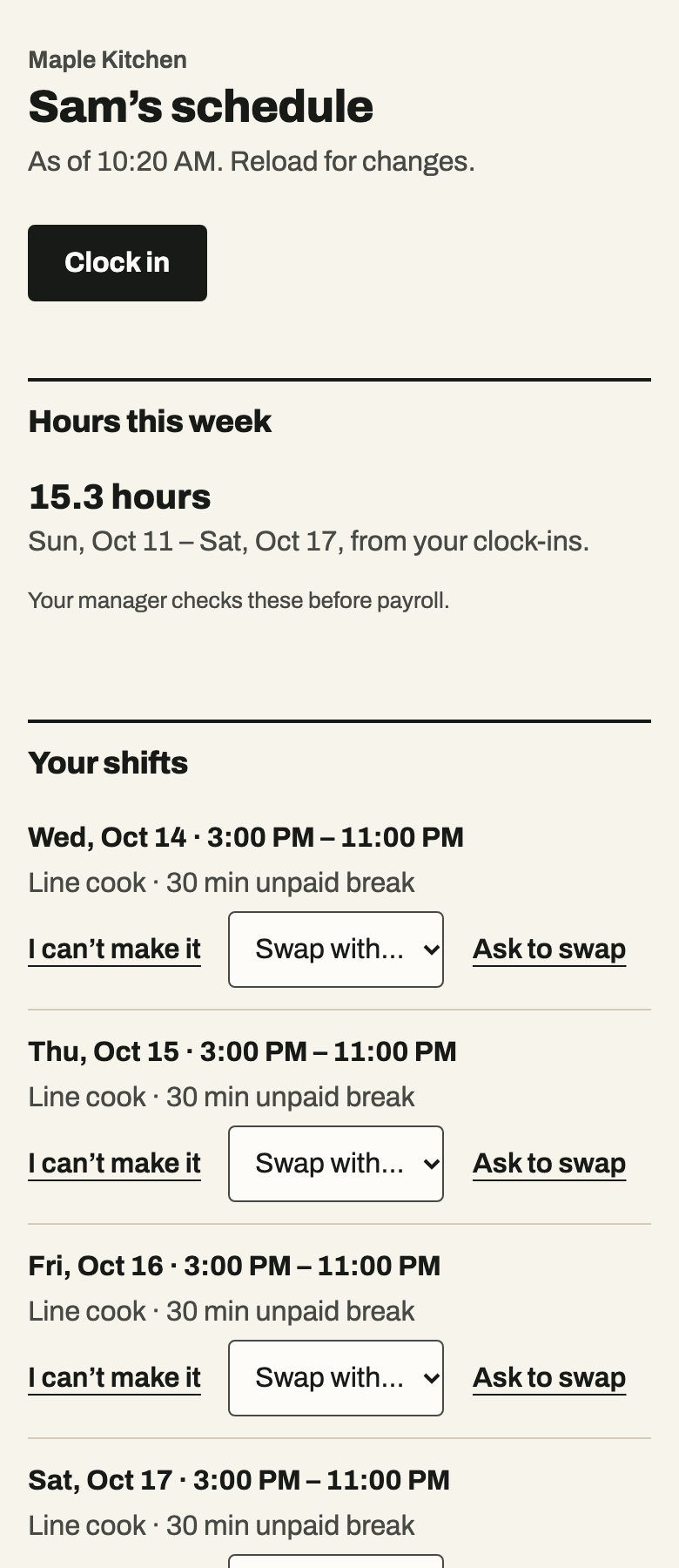 An employee's schedule page on a phone with a clock-in button, hours this week and upcoming shifts
