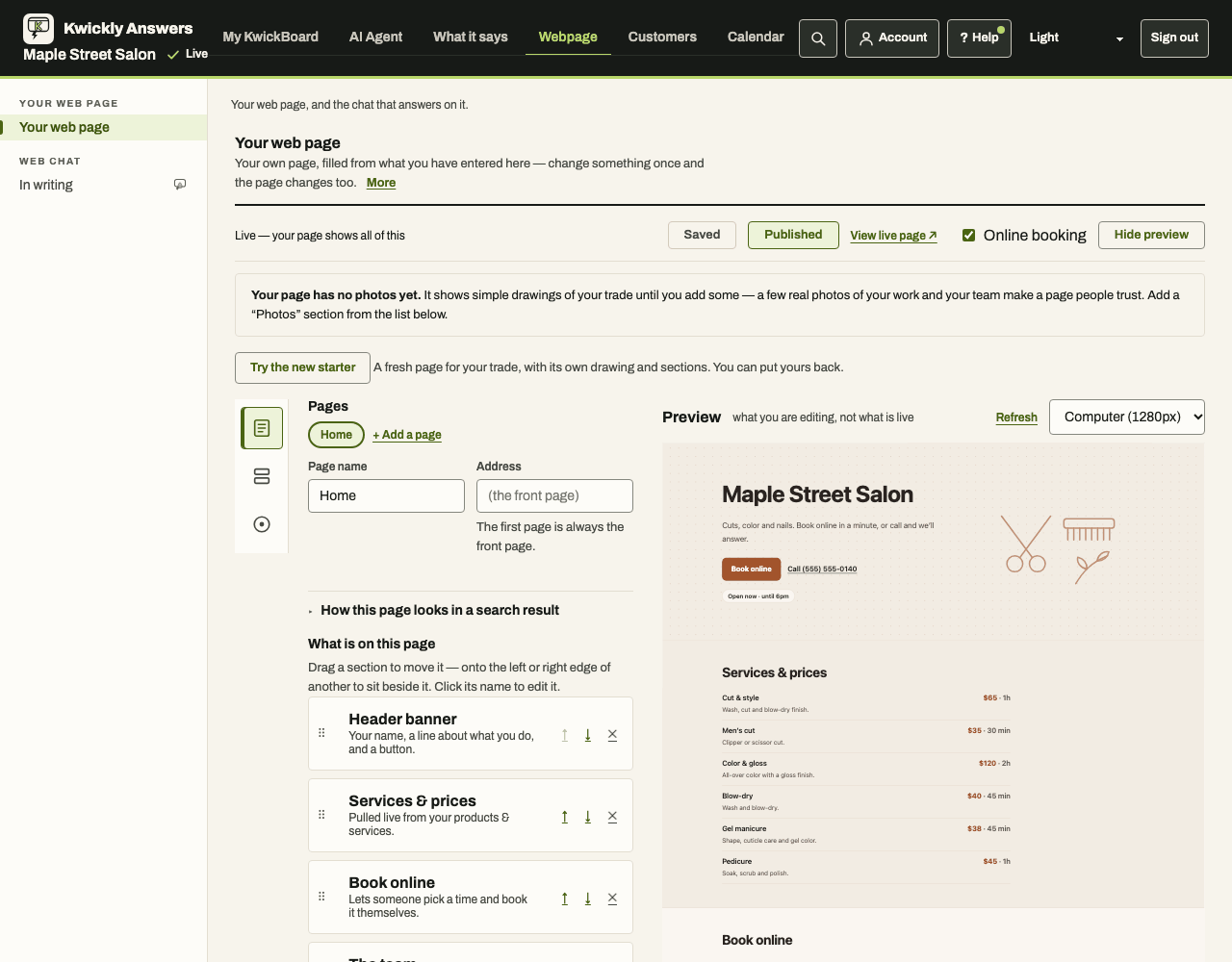 Web page builder with the list of page sections on the left and a live preview of the salon's page