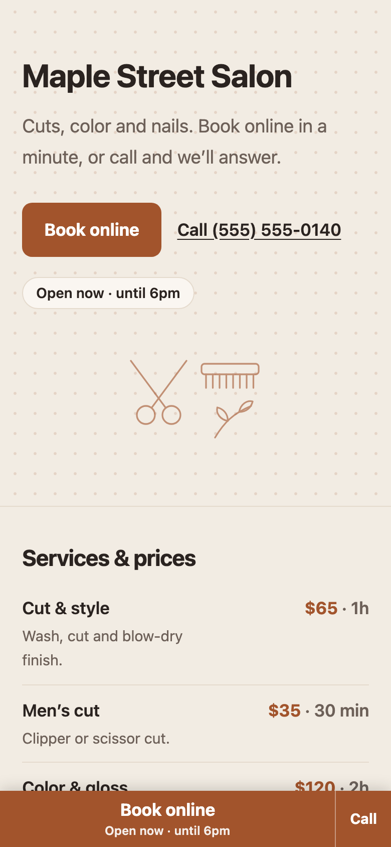 A salon's web page on a phone with Book online and Call buttons and a services and prices list